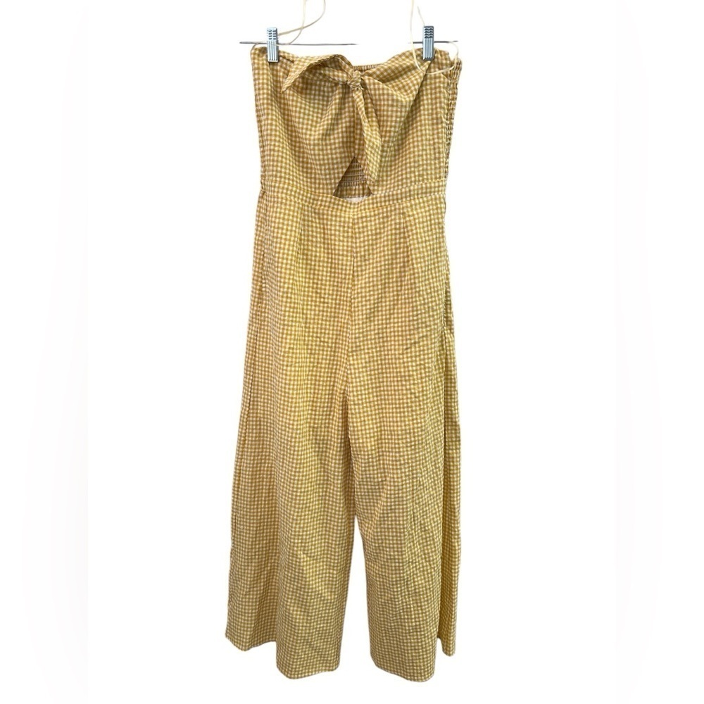 Yellow plaid strapless straight leg jumpsuit